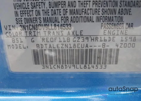 2020 Nissan Versa S Xtronic Cvt z USA, uszkodzony, nr VIN 3N1CN8DV9LL814533